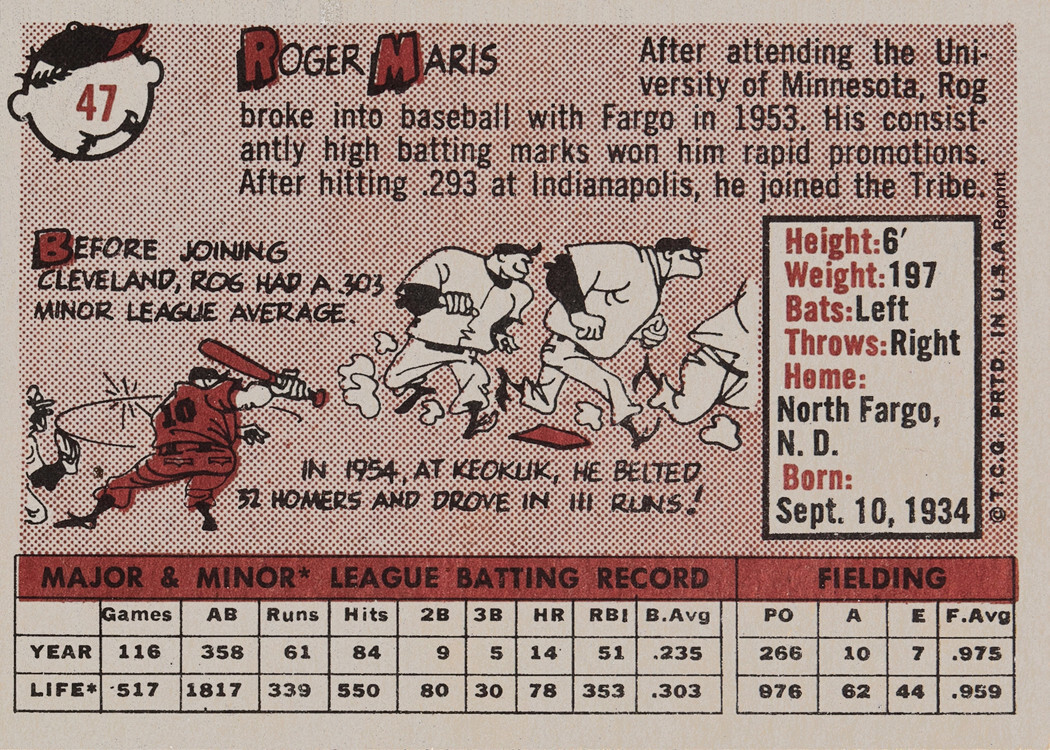 1958 Topps – #47 Roger Maris REPRODUCTION – PERFECT! Brand New 3.5 x 2.5 inches