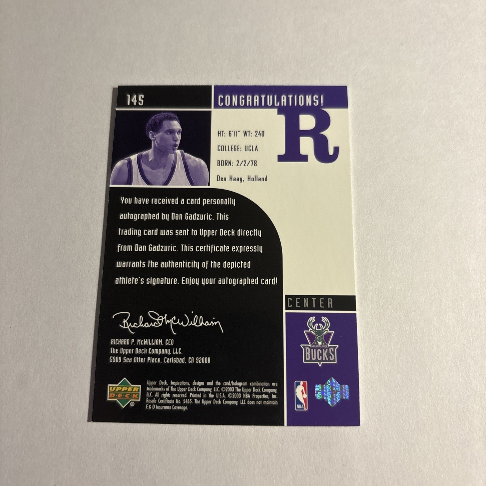 2002-03 Upper Deck Inspirations – Shaquille O’Neal, Dan Gadzuric #145 /1600 AUTO