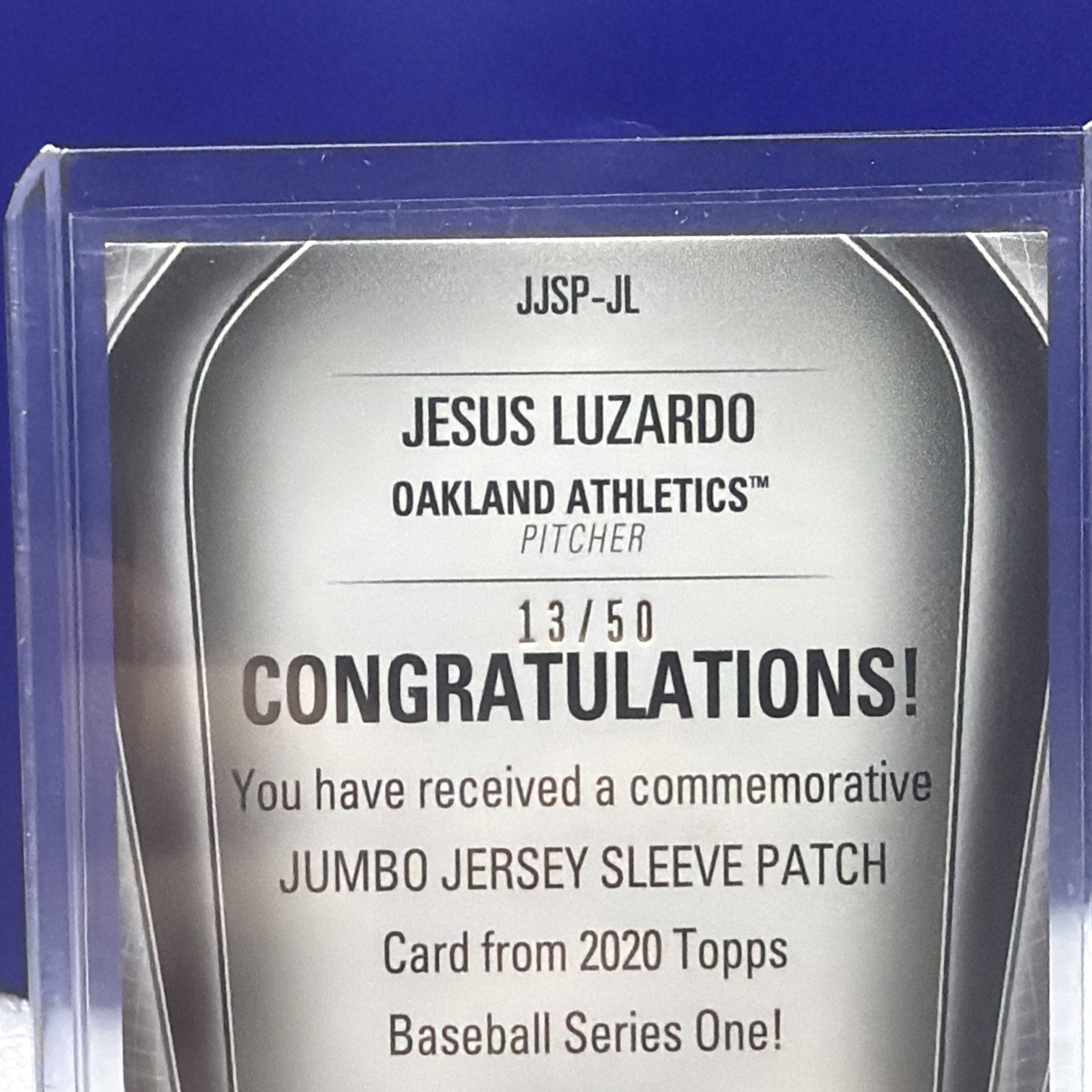 2020 Topps Jumbo Jersey Sleeve Patches Jesus Luzardo #JJSP-JL Gold /50 (RC)