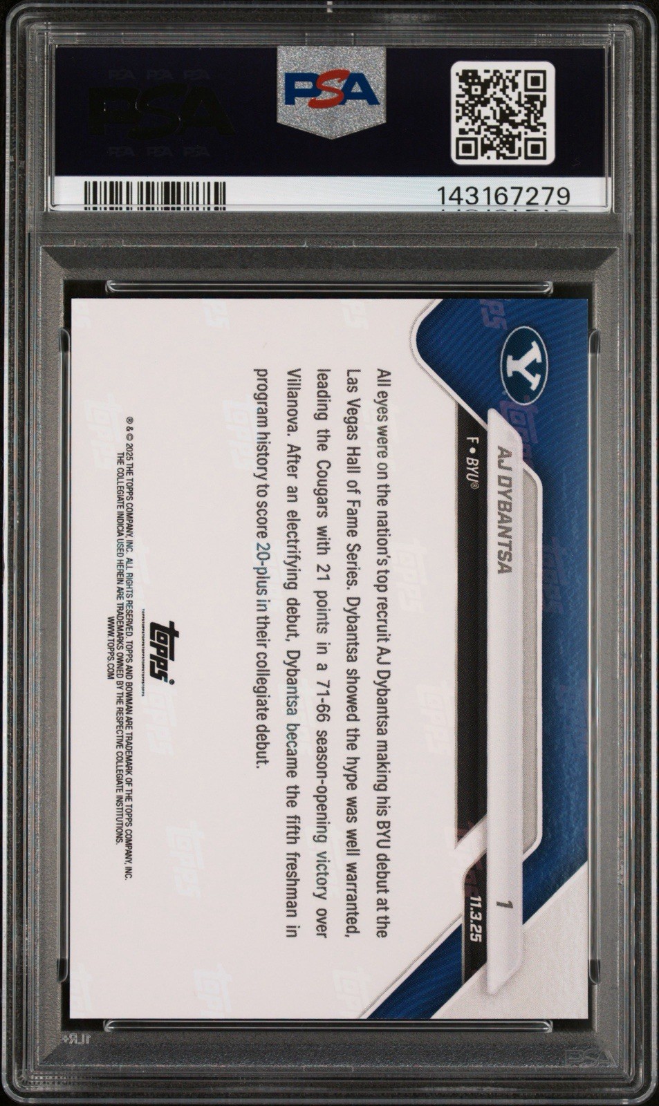 2025-26 Bowman U Now – AJ Dybantsa #1 NCAA Debut (RC) BYU PSA 10 Gem Mint