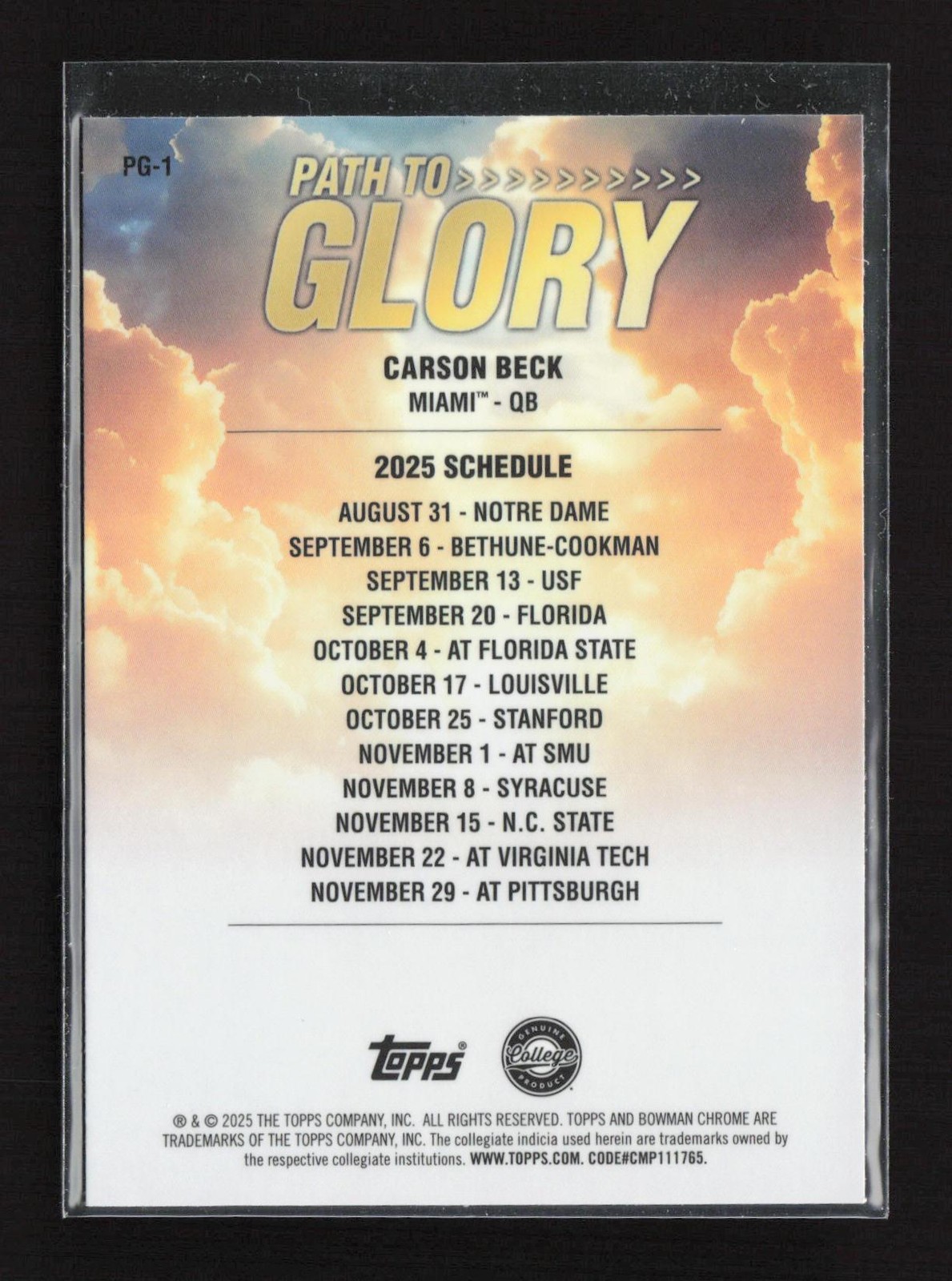Carson Beck 2025 Bowman University Chrome #PG-1 Path to Glory TYW5