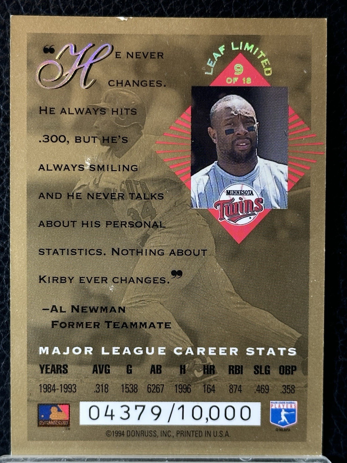 1994 Leaf Limited Kirby Puckett Gold All-Stars 04379/10000 #9 Minnesota Twins