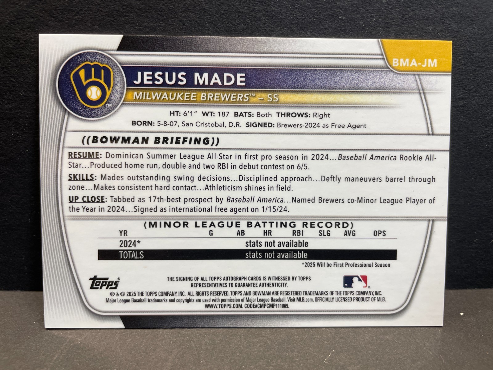 2025 Bowman Chrome Mega Box Jesus Made Prospect Auto Purple Mojo Refractor #/199