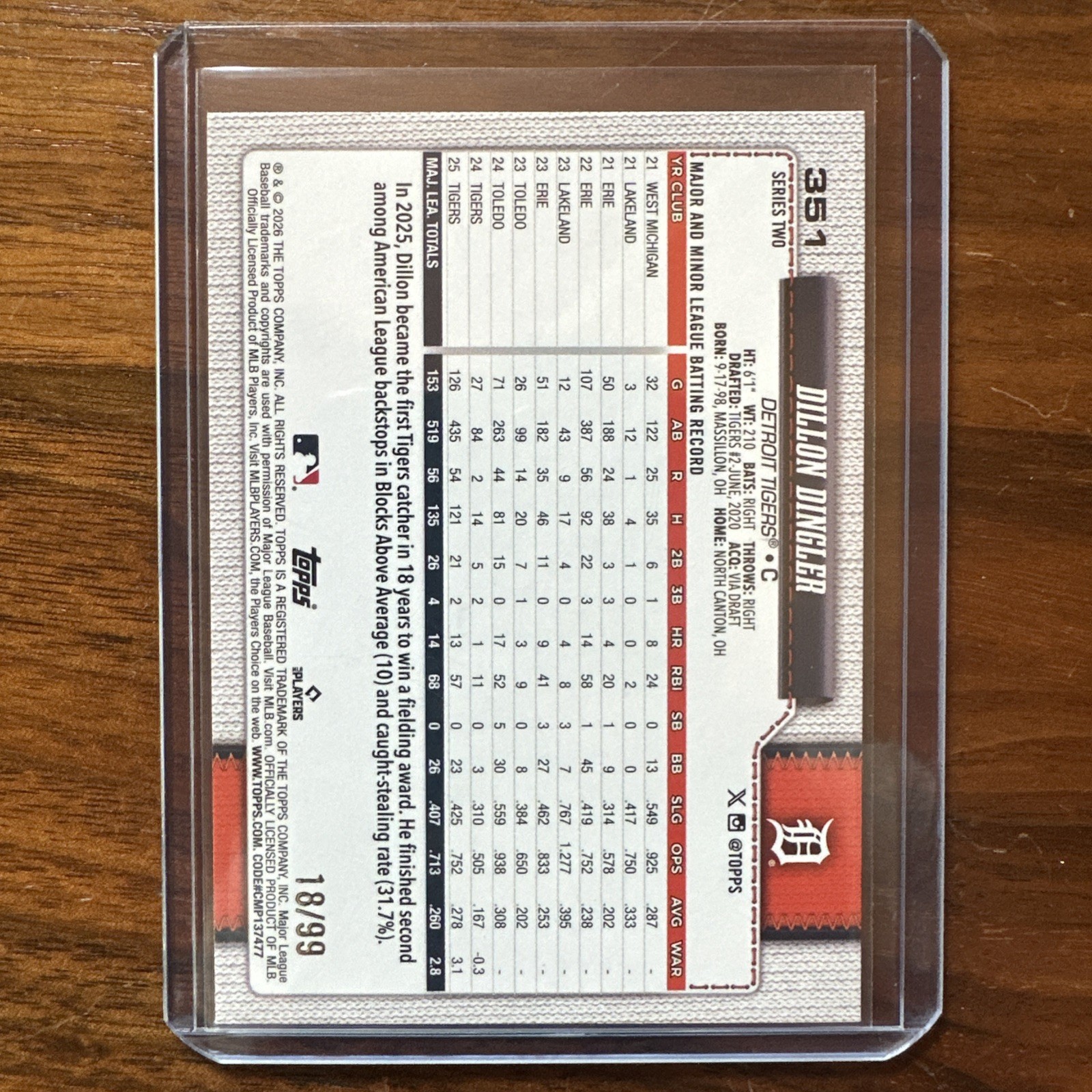 2026 Topps Series 2 Dillon Dingler Green Holo Foil /99 #351 Detroit Tigers 18/99