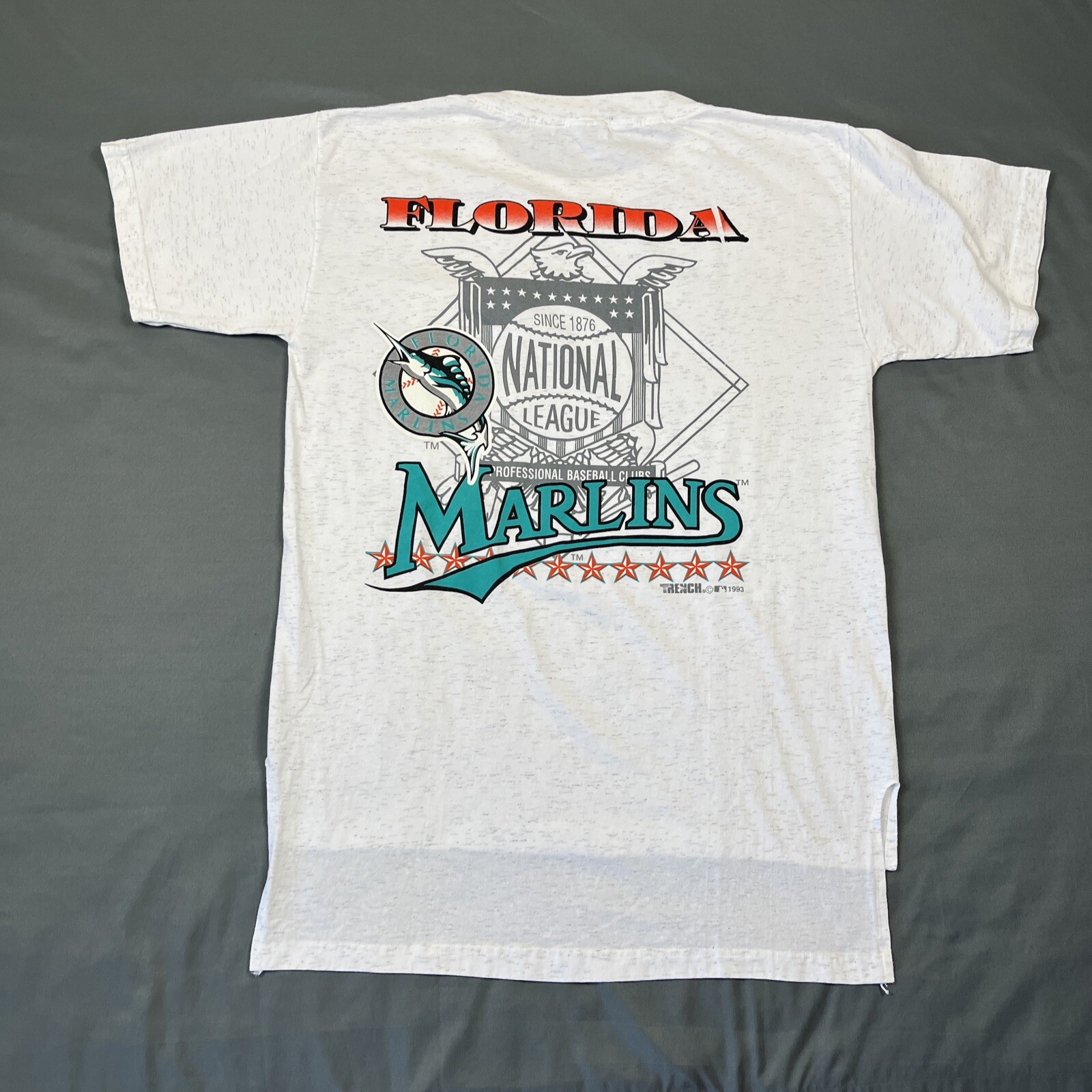 Vintage Florida Marlins Graphic Pocket Tee XL Double Sided Grey 1993 Trench VTG