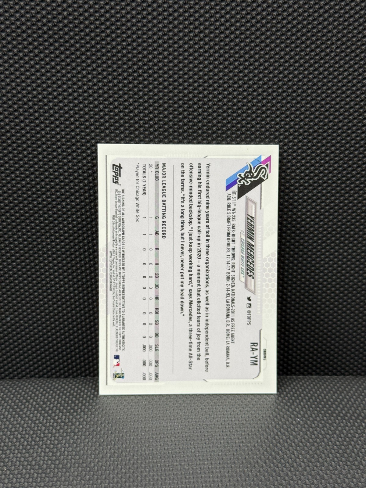 2021 Topps Chrome Yermin Mercedes Base RC Auto #RA-YM White Sox