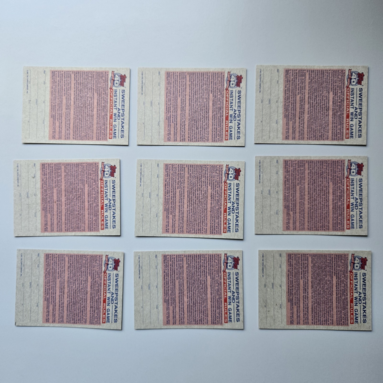 LOT OF 36 CARDS – 1991 Topps Baseball 40th Anniversary Instant Win Game Contest