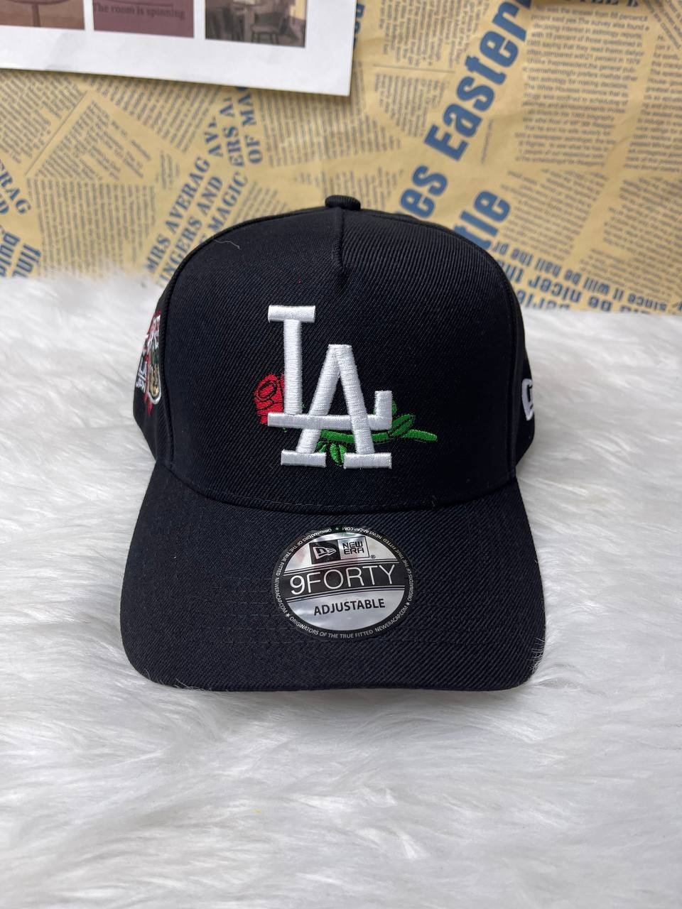 LA Dodgers Black 9FORTY Adjustable Baseball Cap Rose Embroidered Hat Unisex
