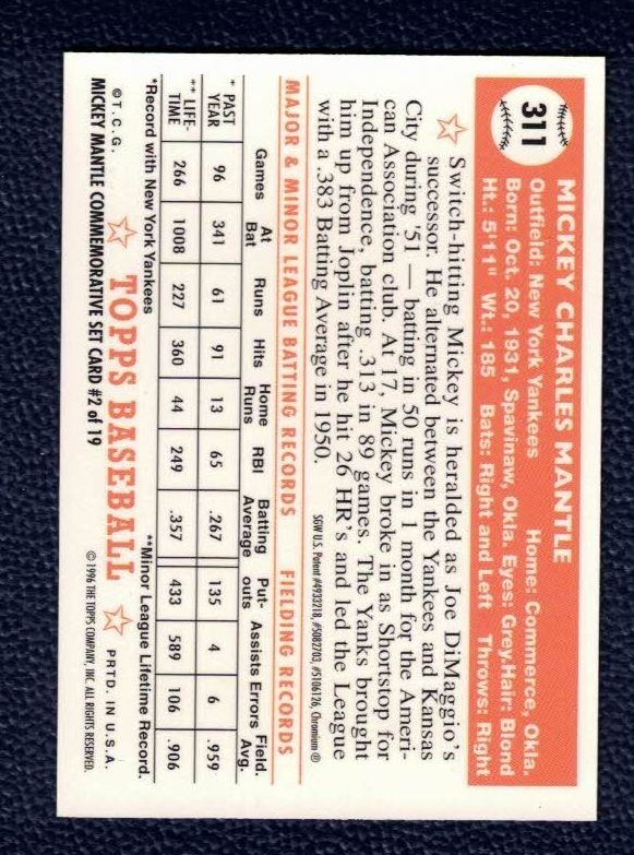 1996 Topps Finest Mickey Mantle ~ 1952 Topps ~ Rookie ~ Centered w/ Coating