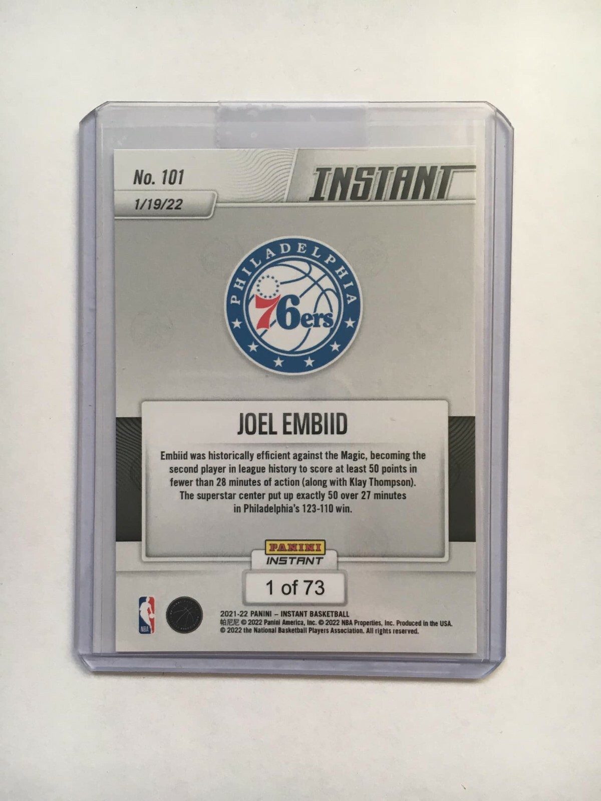 2021-22 PANINI NBA INSTANT #101 JOEL EMBIID TIES CAREER HIGH 50 POINTS 73 MADE🔥