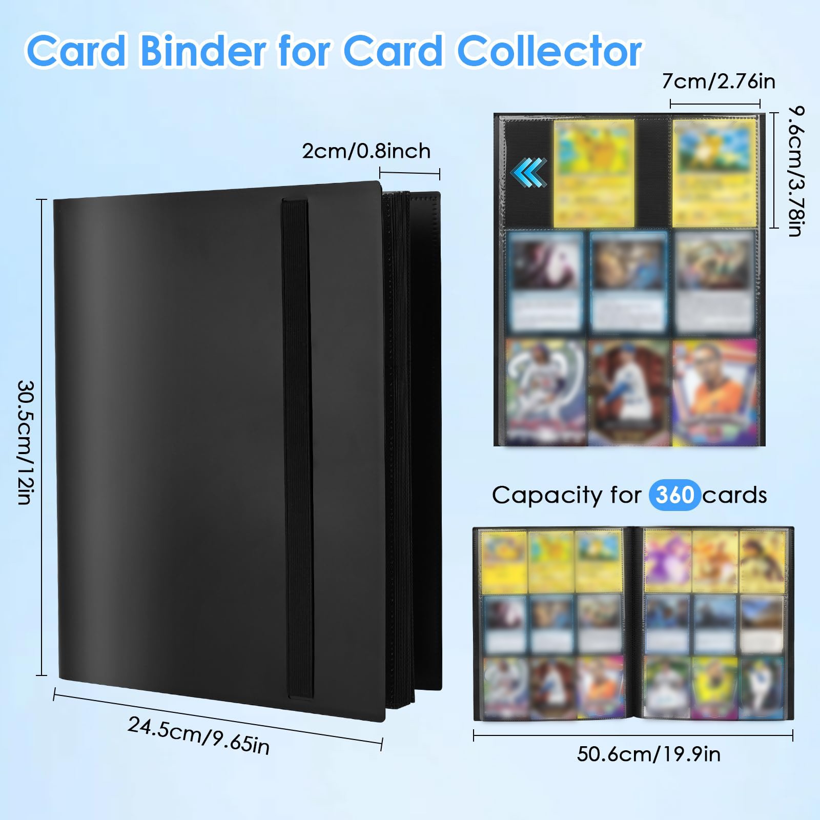 Trading Card Binder – 9 Pocket 360 Cards holder | Sports | TCG | Elastic | Black