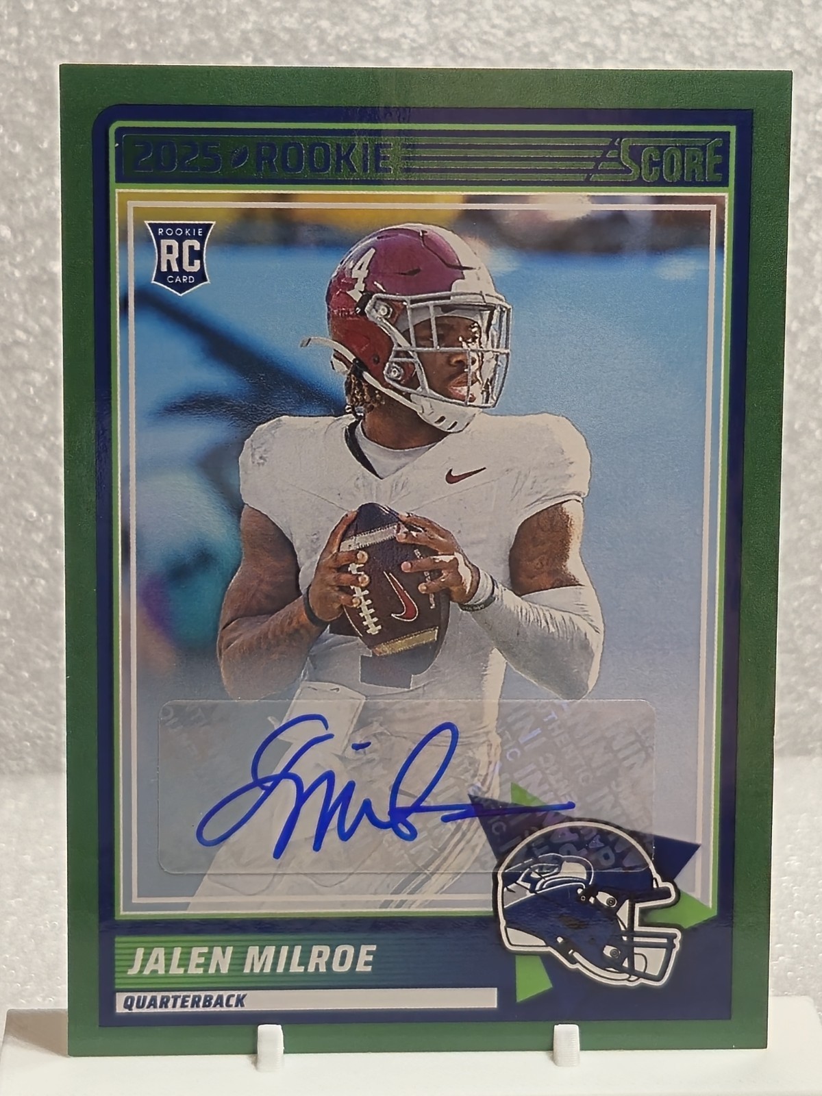 Jalen Milroe RC 2025 Panini Score Football Green Auto #29 Seattle Seahawks QB