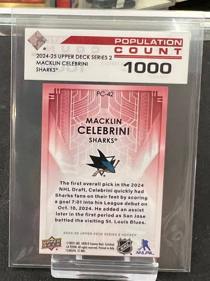 2024-25 Upper Deck Series 2 Population Count 1000 PC-42 Macklin Celebrini RC