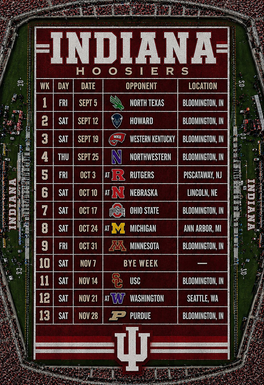 Indiana Hoosiers 2026 Football Schedule Poster Multiple Size Avail. V2 Hoosiers