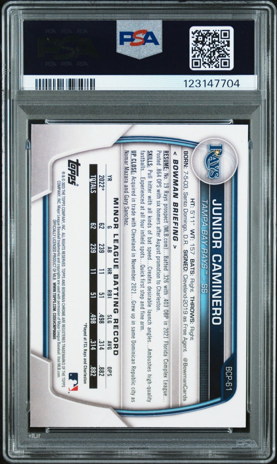 2023 Bowman Chrome 1st Junior Caminero Atomic Refractor PSA 9 BCP-61 Rays