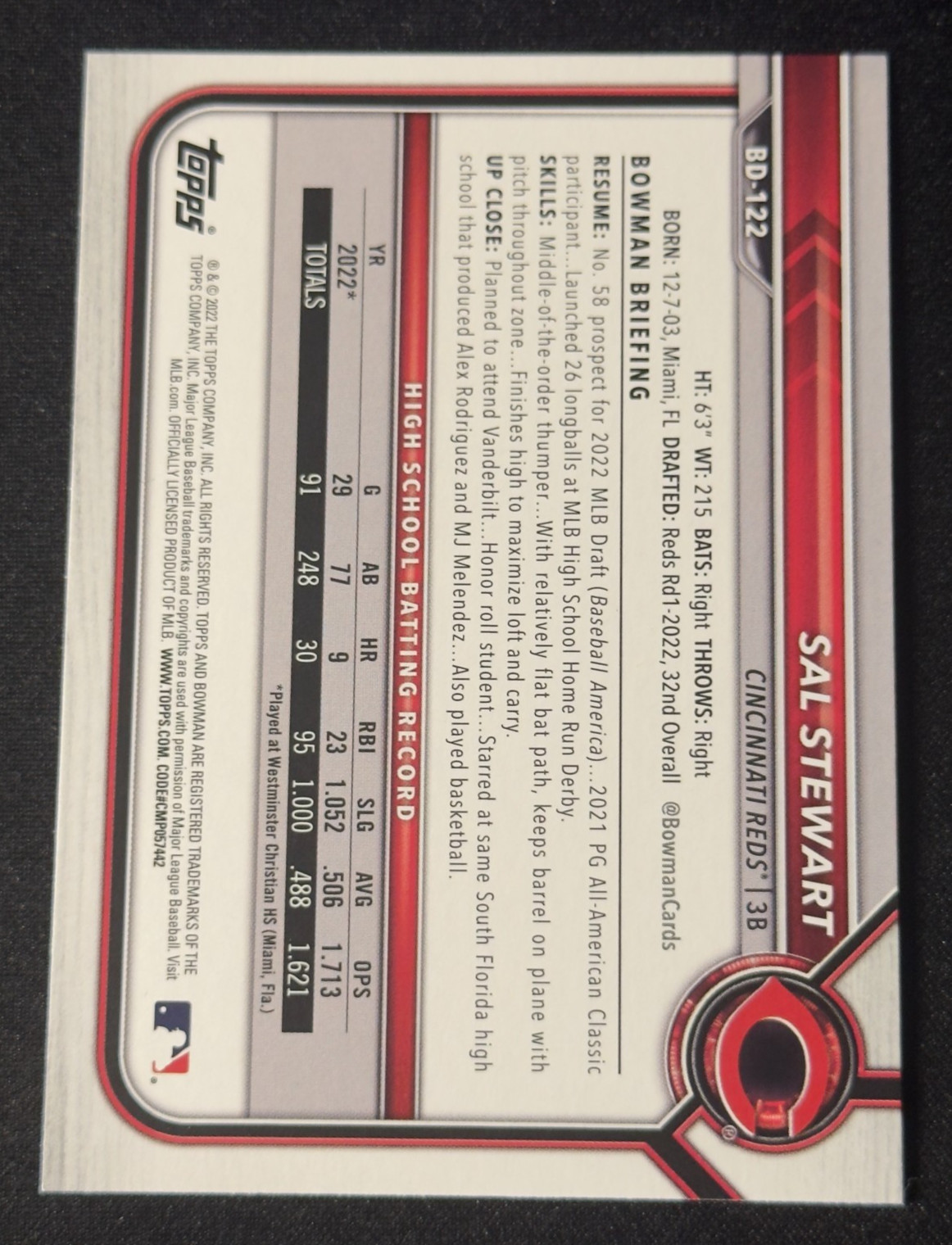 2022 Bowman Draft 1st Edition – Sal Stewart #BD-122 Sky Blue Foil (RC)