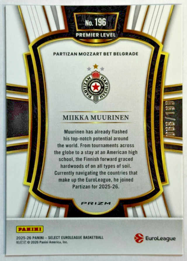 Miikka Muurinen Red /199 2025-26 Panini Select EuroLeague Basketball #196