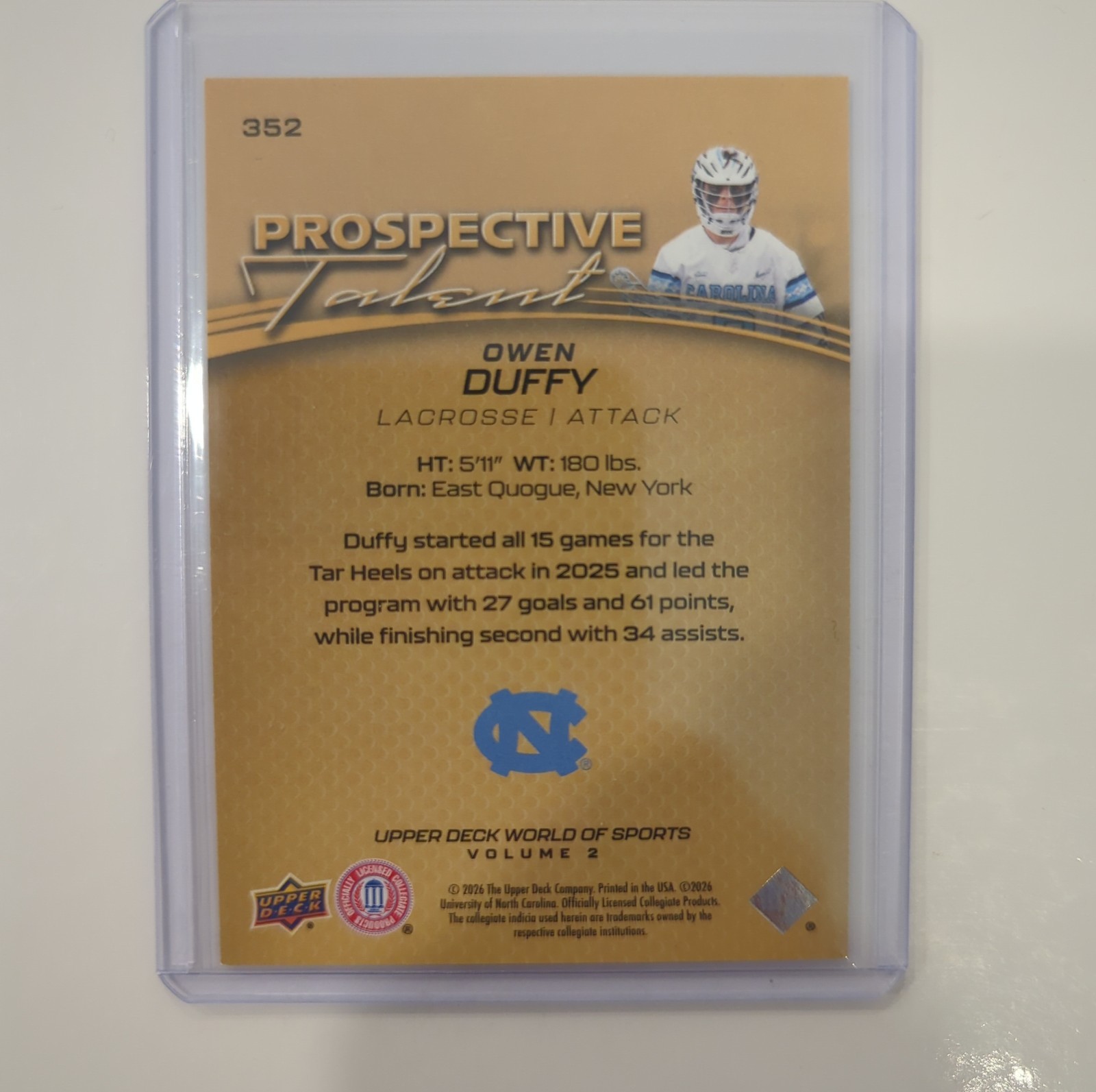 2026 Upper Deck World of Sports Owen Duffy UD Exclusives #352 /100 UNC Lacrosse