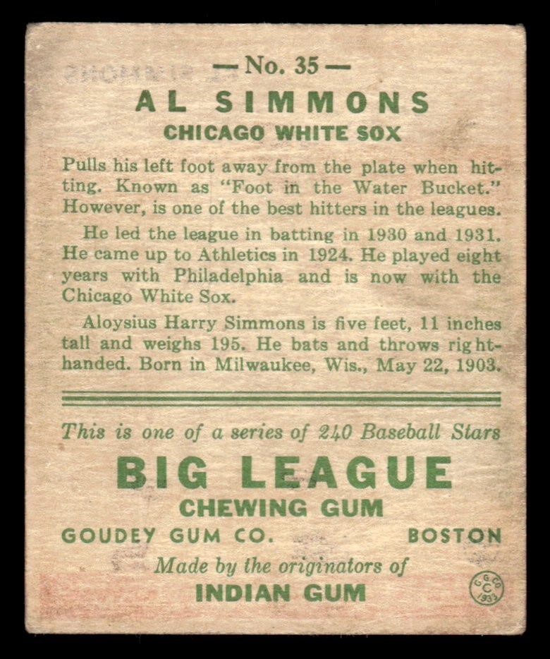 1933 Goudey Baseball #35 Al Simmons VG *f1