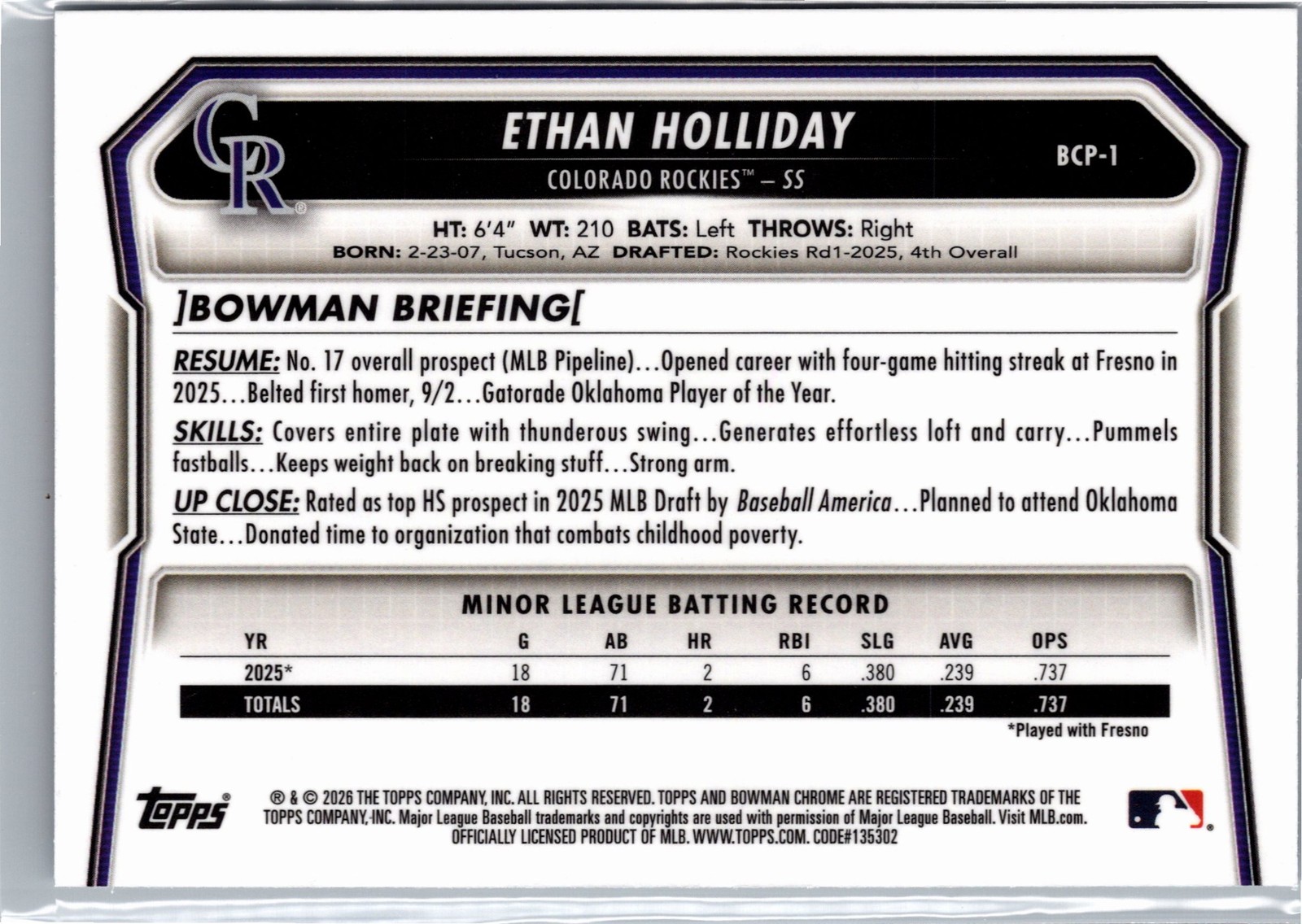 2026 Bowman #BCP-1 Ethan Holliday Chrome Prospects