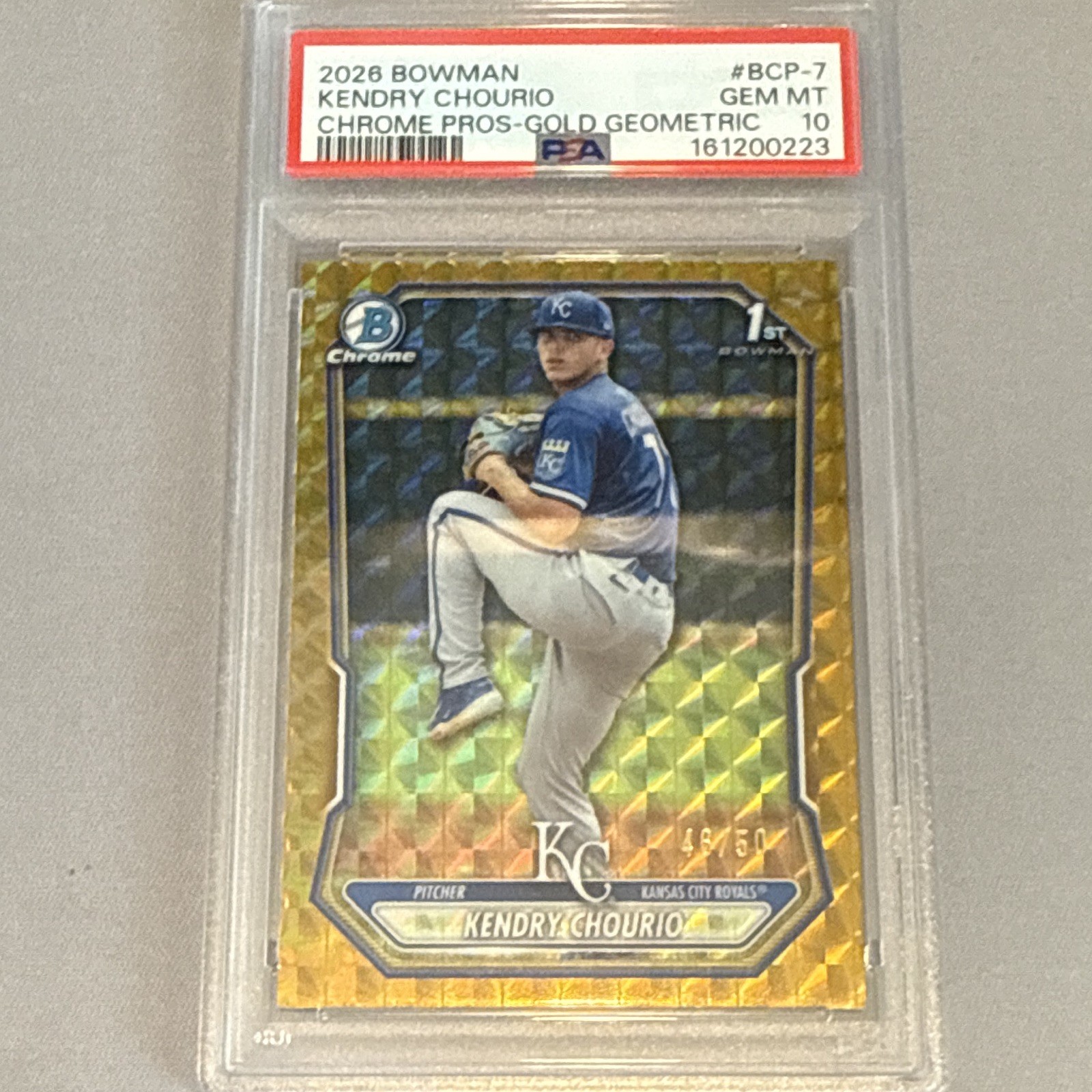 Bowman 2026 Kendry Chourio Royals Chrome Pros Gold Geometric #BCP-7 /50 PSA 10