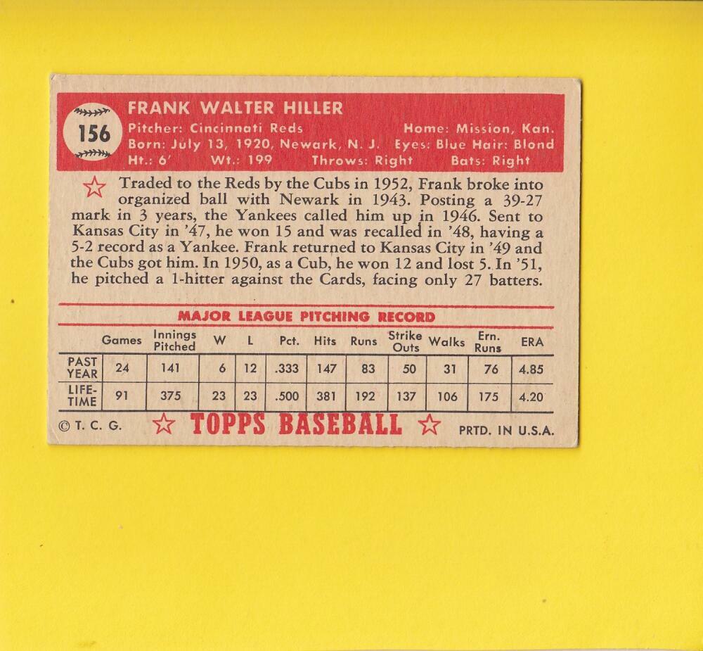 1952 Topps #156 Frank Hiller Cincinnati Reds VG+ RC Rookie Lot # 13283