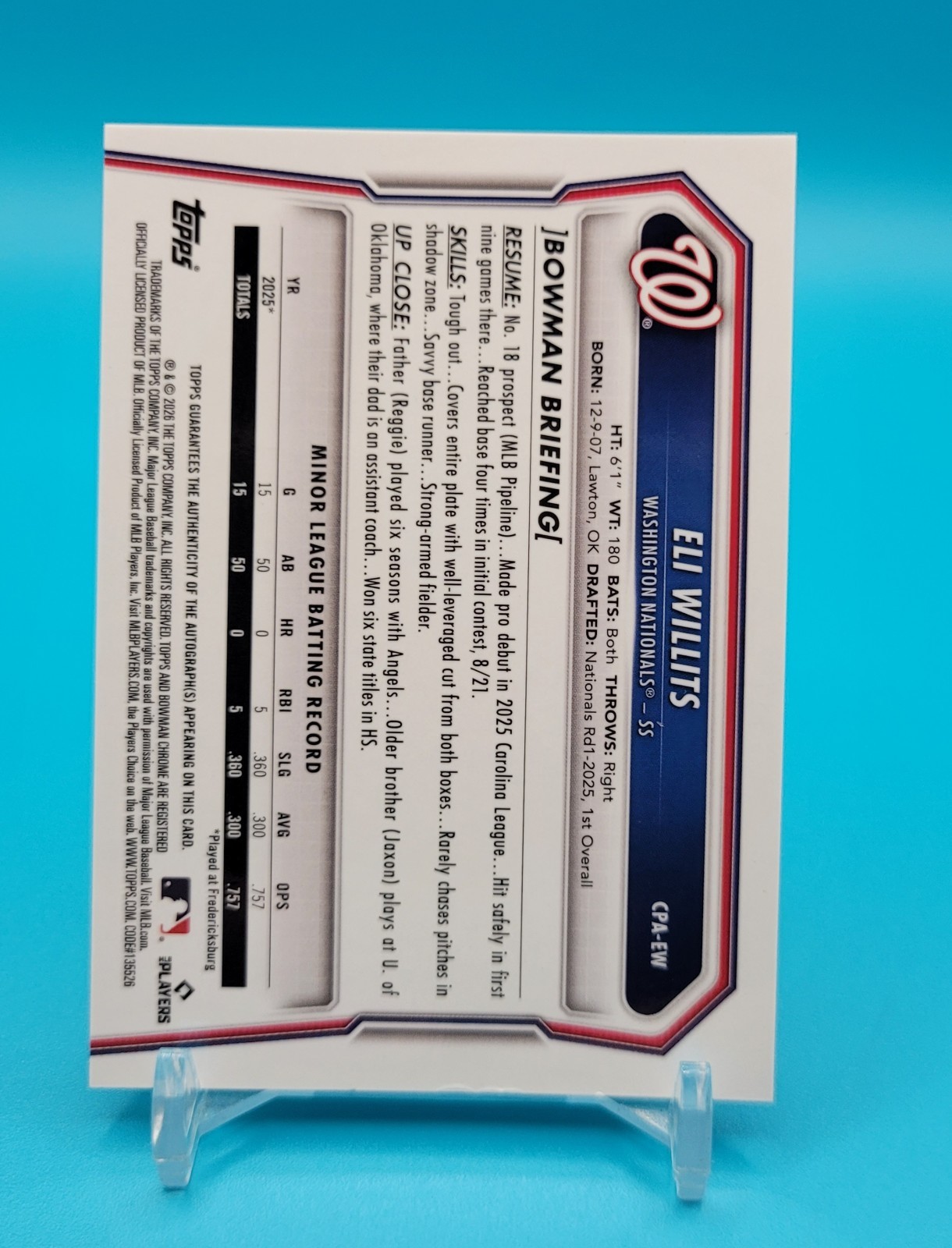 2026 Bowman Baseball Eli Willits #CPA-EW Chrome Auto F774