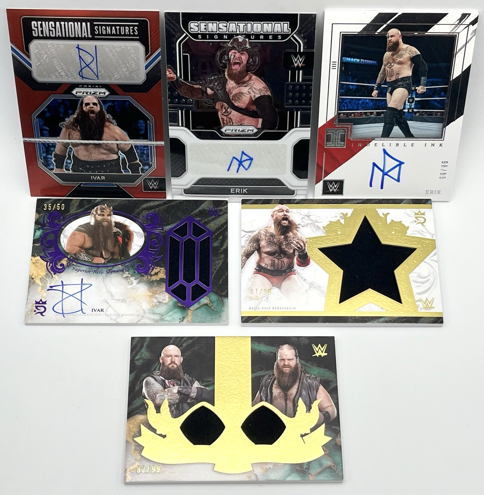 SIX 2022-2025 WWE VIKING RAIDERS IVAR & ERIK PATCH RELIC #’D AUTOGRAPH CARD LOT
