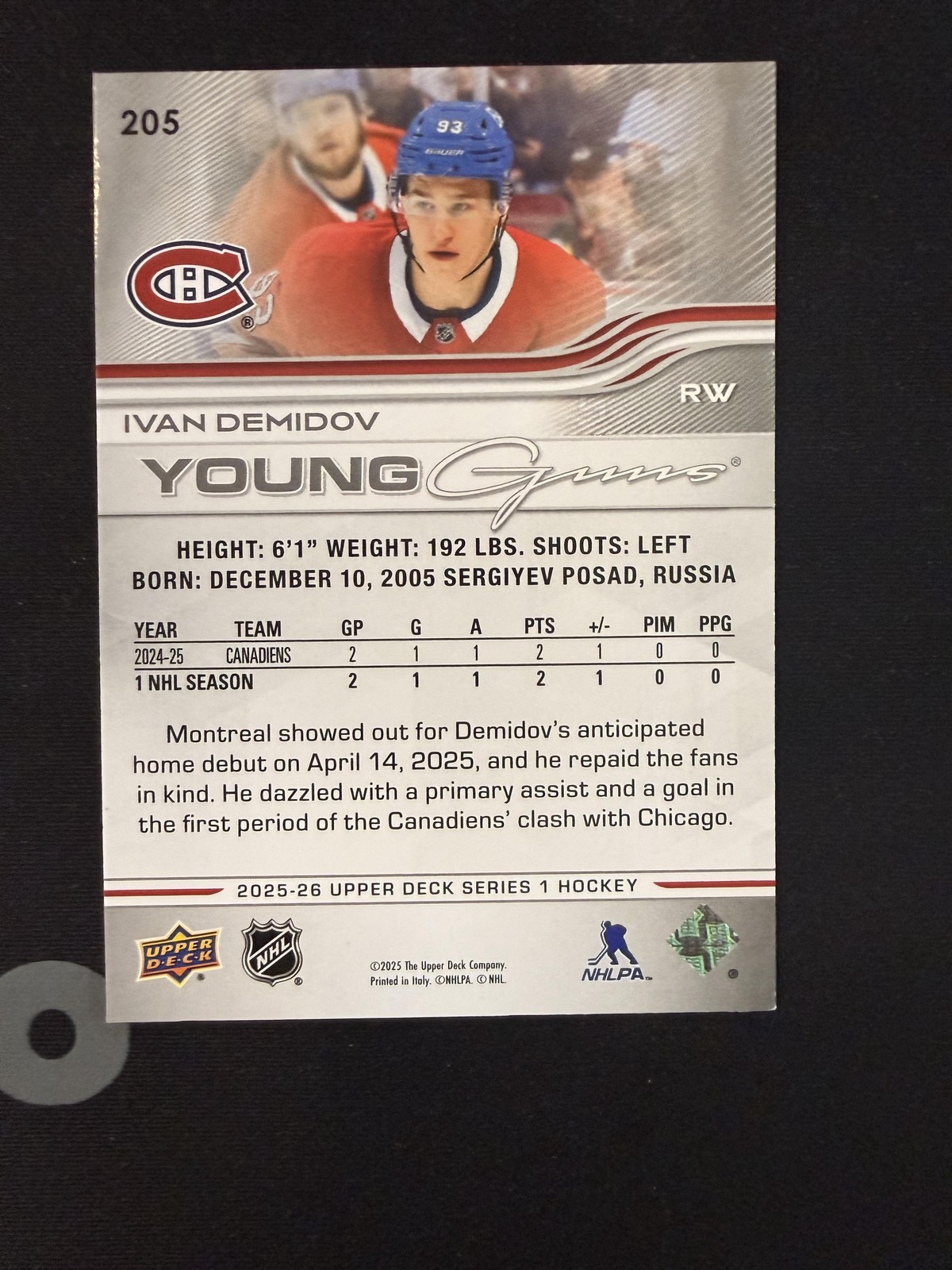 #205 Ivan Demidov 2025-26 Upper Deck RC Rookie Montreal Canadiens sports