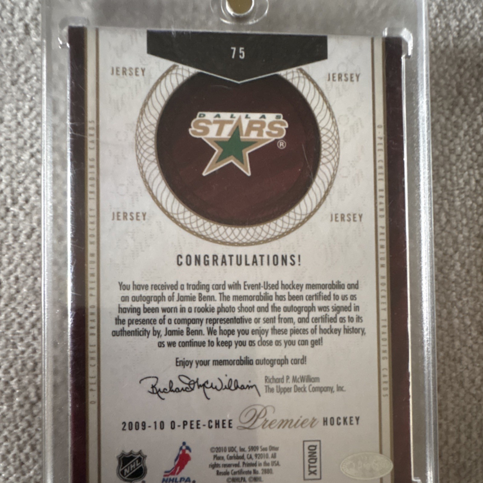 Upper Deck 2009-10 O-Pee-Chee Premier Jamie Benn RC Auto MEM /299 #75