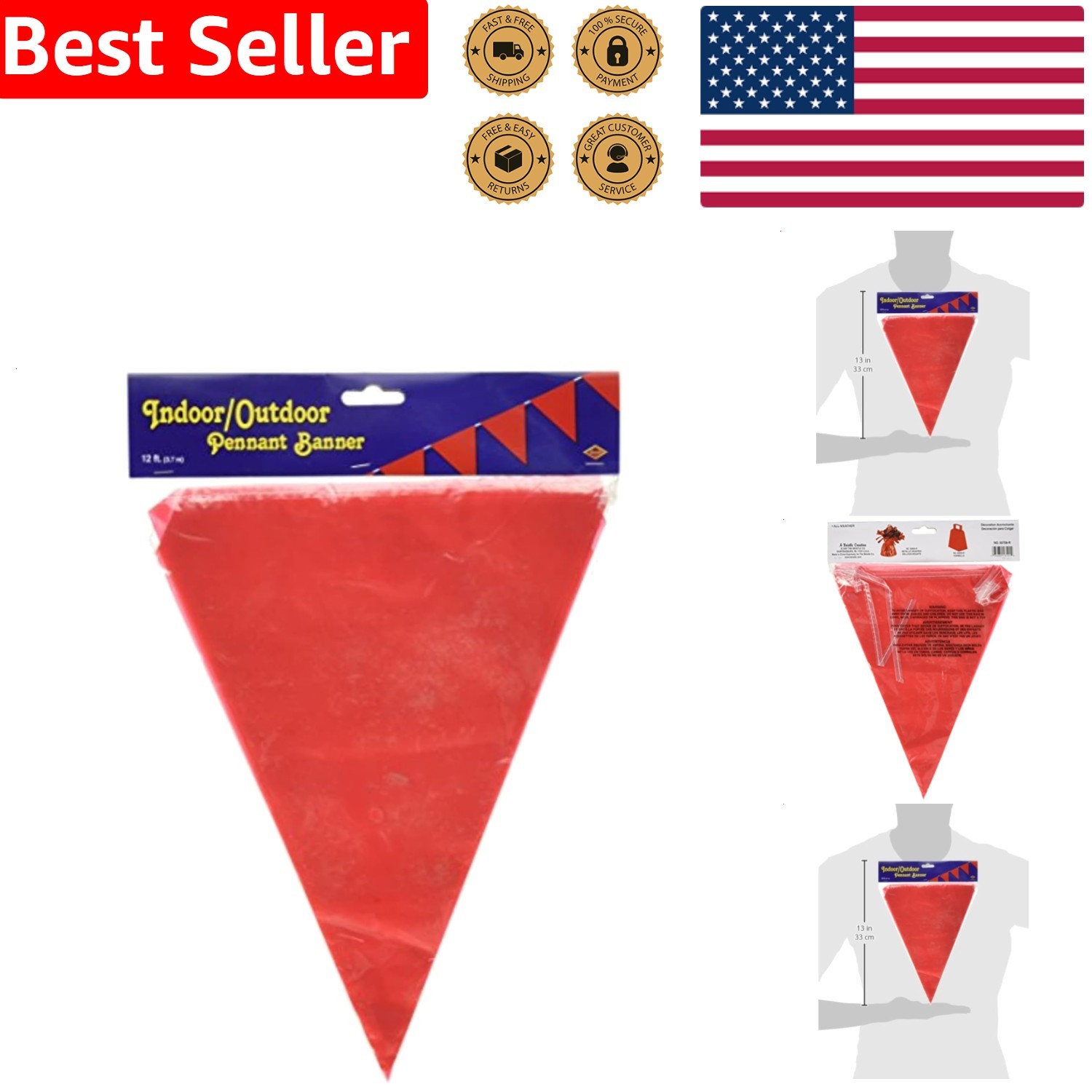 12ft Red Triangular Pennant Banner for Graduation Parties Indoor Outdoor