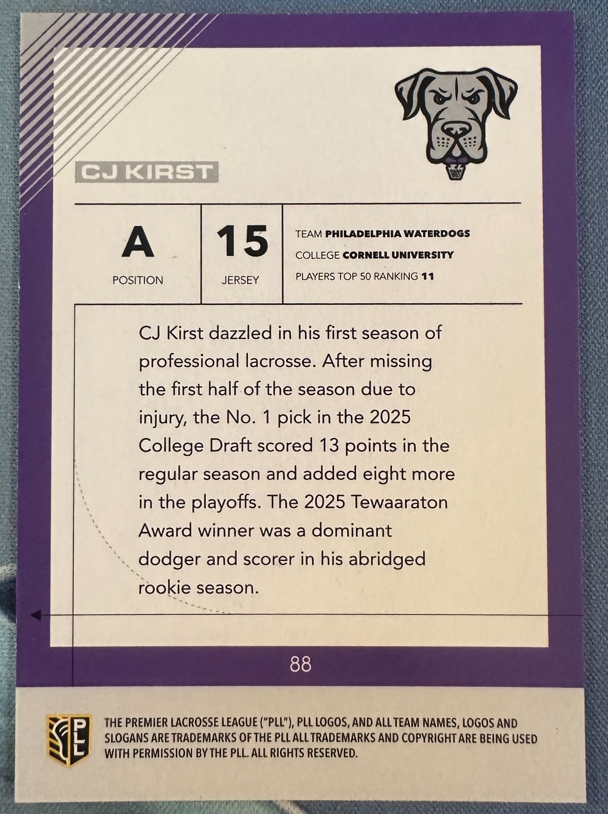 CJ KIRST 2026 PREMIER LACROSSE LEAGUE PLL FIELDSIDE II SP RC AUTO #88