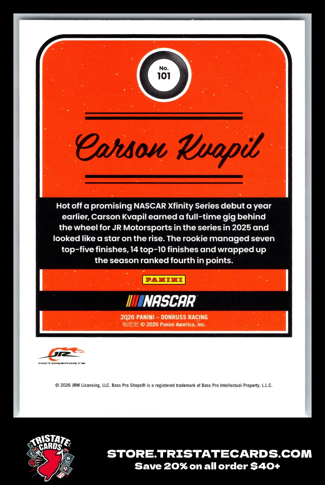 2026 Donruss #101 Carson Kvapil JR Motorsports Lime Green SN #/199