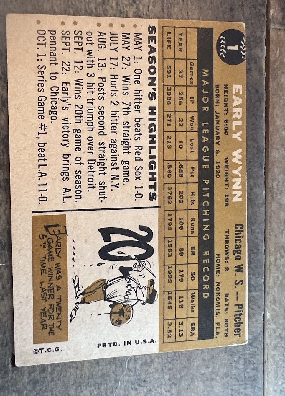 1960 Topps #1 Early Wynn Baseball Card White Sox Pitcher