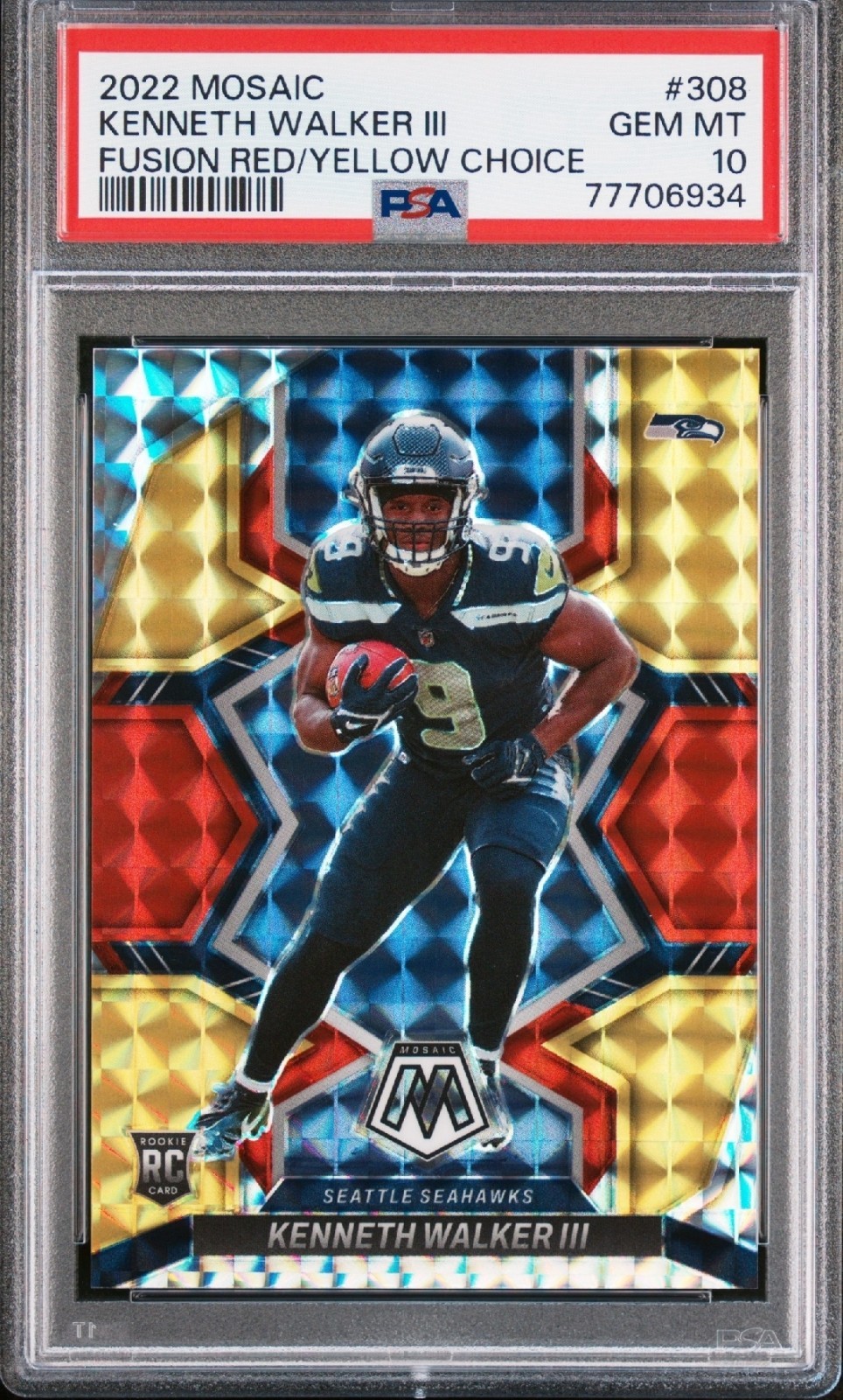 2022 Panini Mosaic – Rookies Kenneth Walker III #308 Choice Fusion Red & Yellow