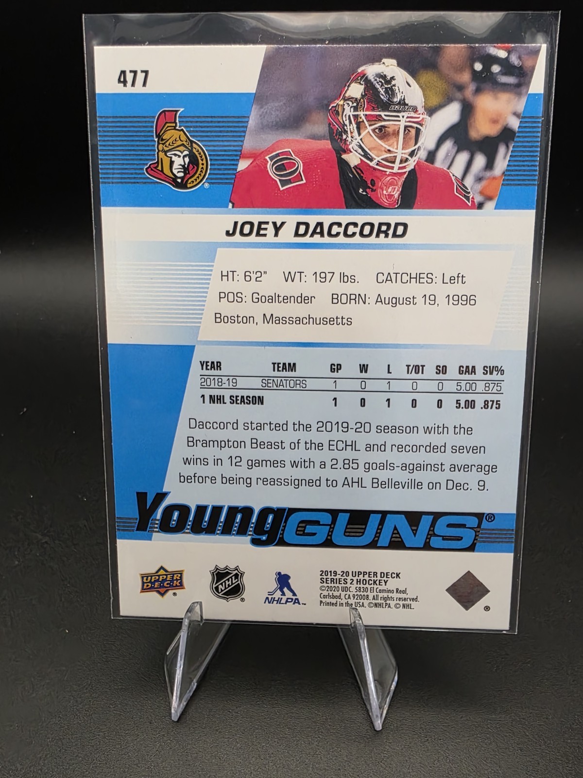 Joey Daccord 2 Card Lot. Young Guns RC # 477 + Pink Dazzlers #DZ-8