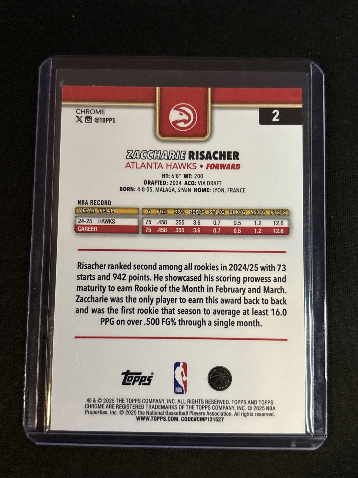 🔥Zaccharie Risacher 2025-26 Topps Chrome #2 Prism Refractor Atlanta Hawks