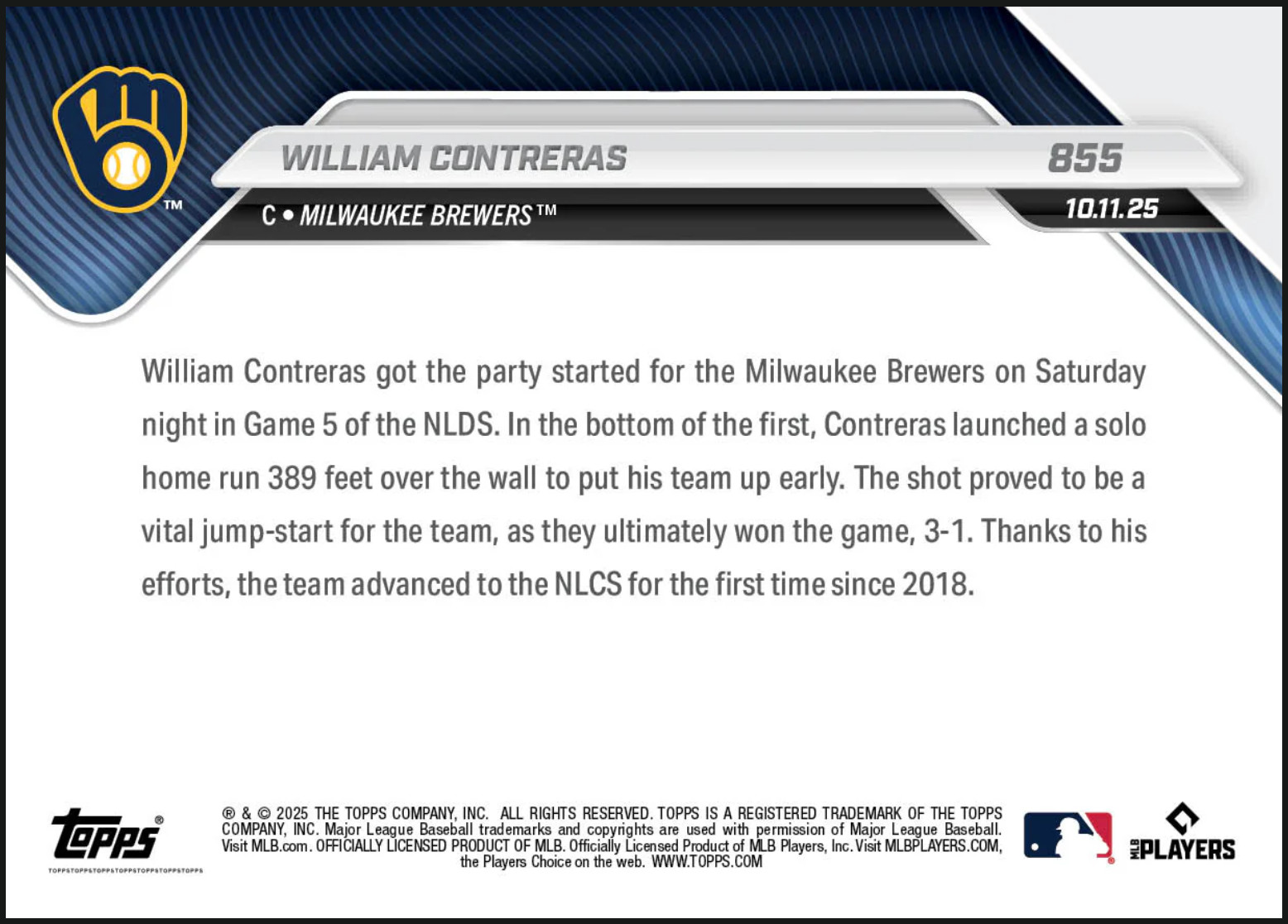 William Contreras Solo HR NLDS – 2025 MLB Topps NOW® – Card 855