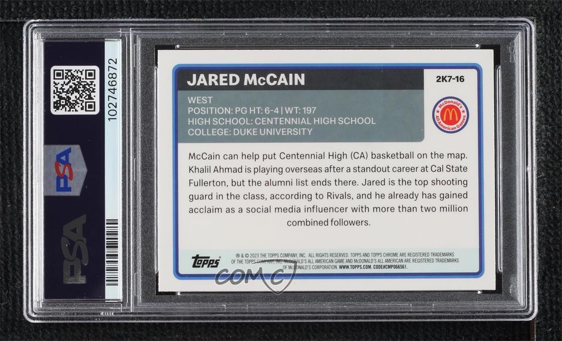2023 Topps Chrome McDonald’s All American Jared McCain #2K7-16 PSA 9 MINT 1m6p