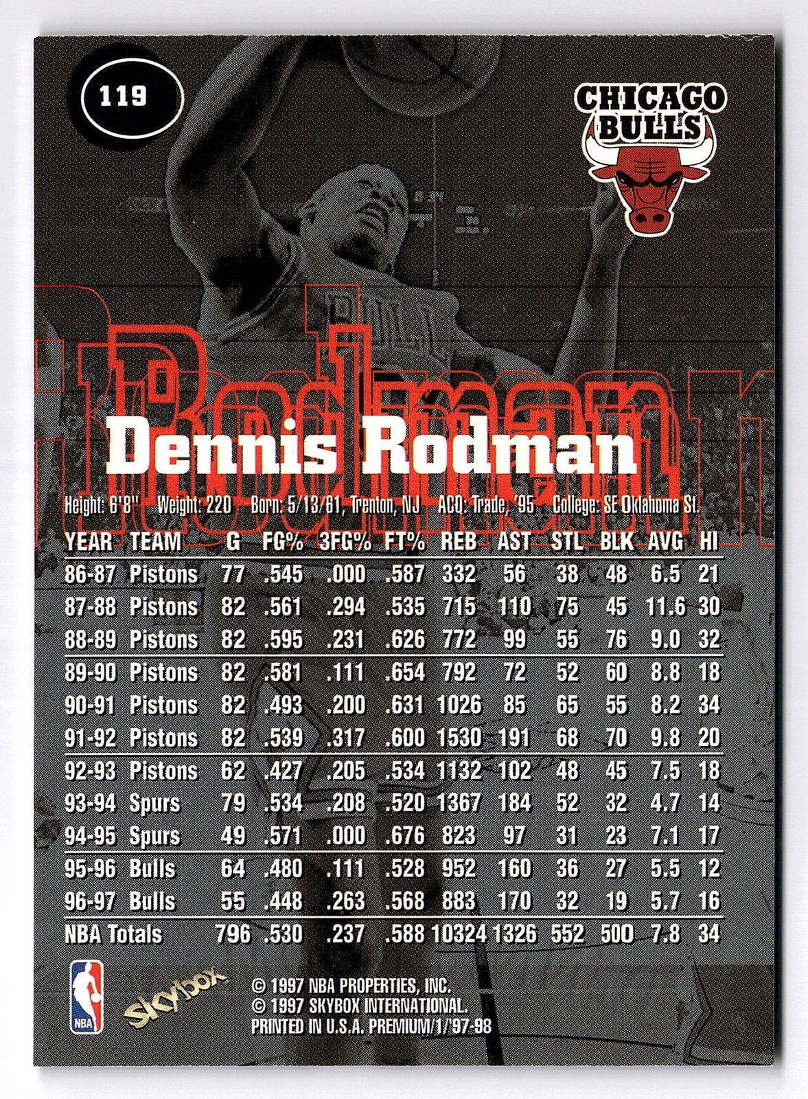 1997-98 SkyBox Premium #119 Dennis Rodman Chicago Bulls HOF