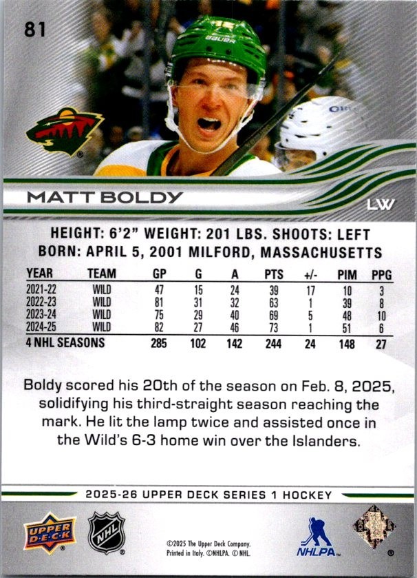 2025-26 Upper Deck Series 1 – Matt Boldy – #81 Base Card – Minnesota Wild
