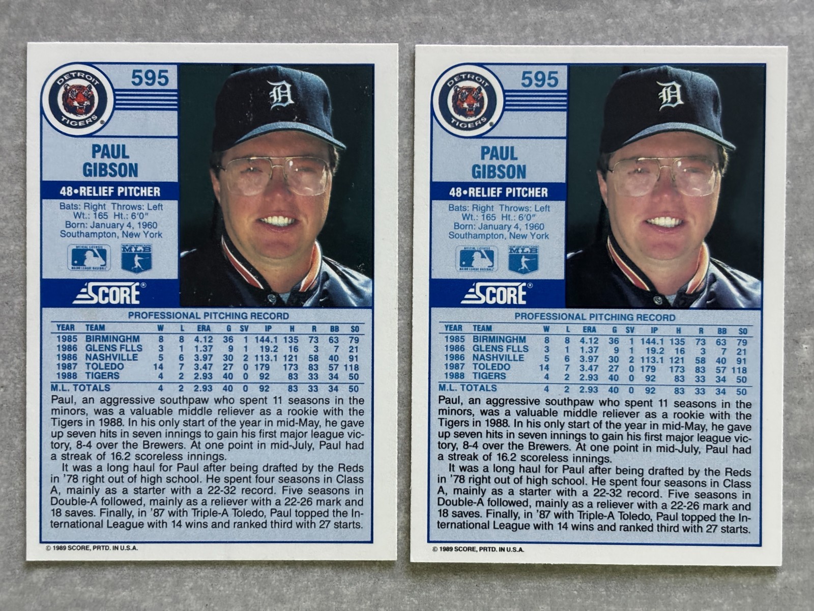 (2) 1989 Score PAUL GIBSON “Crotch Grab” Error & Corrected Baseball Cards #595