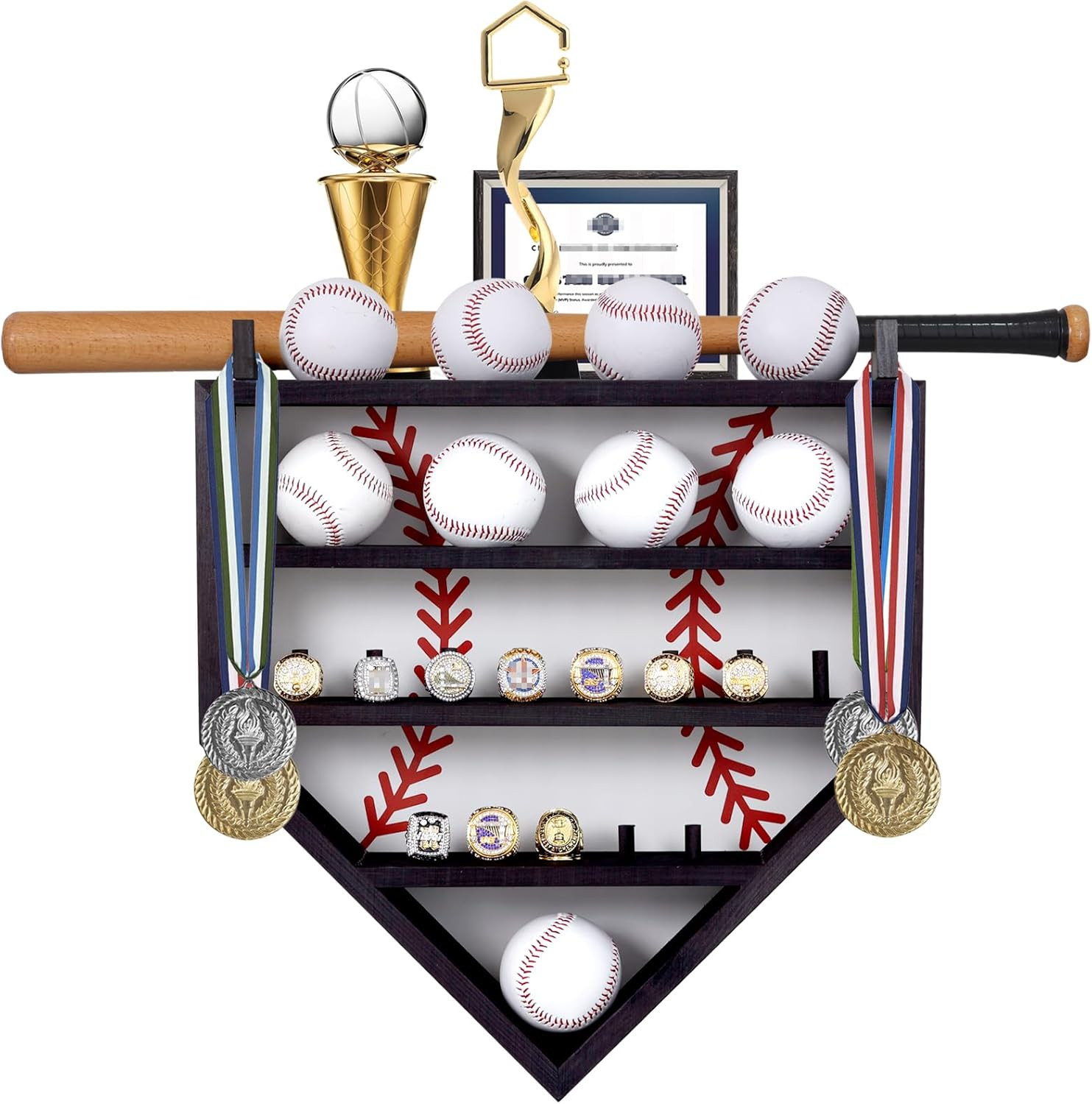 Baseball Display Case, Wood Display Rack for Bat, Trophy, and Medal, Wall Mount