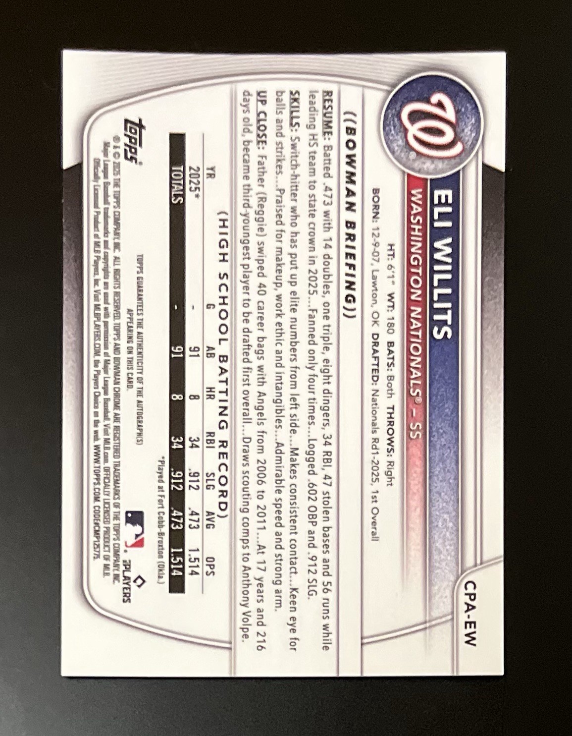 2025 Bowman Draft Eli Willits Blue Wave Auto /150 Nationals prspct #1 Draft pick