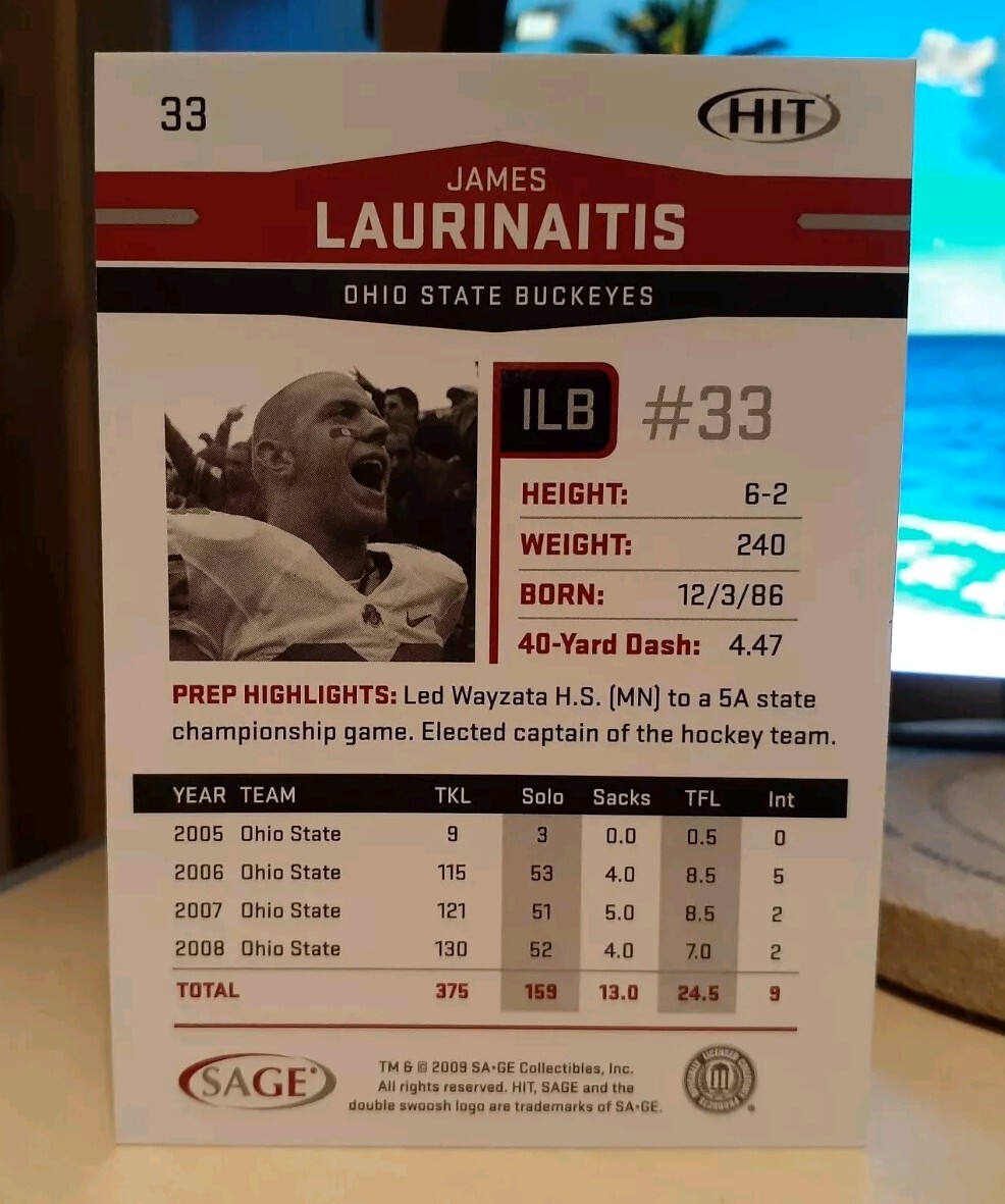 2009 SAGE Hit *Silver* James Laurinaitis #33 Rookie RC OHIO STATE BUCKEYES
