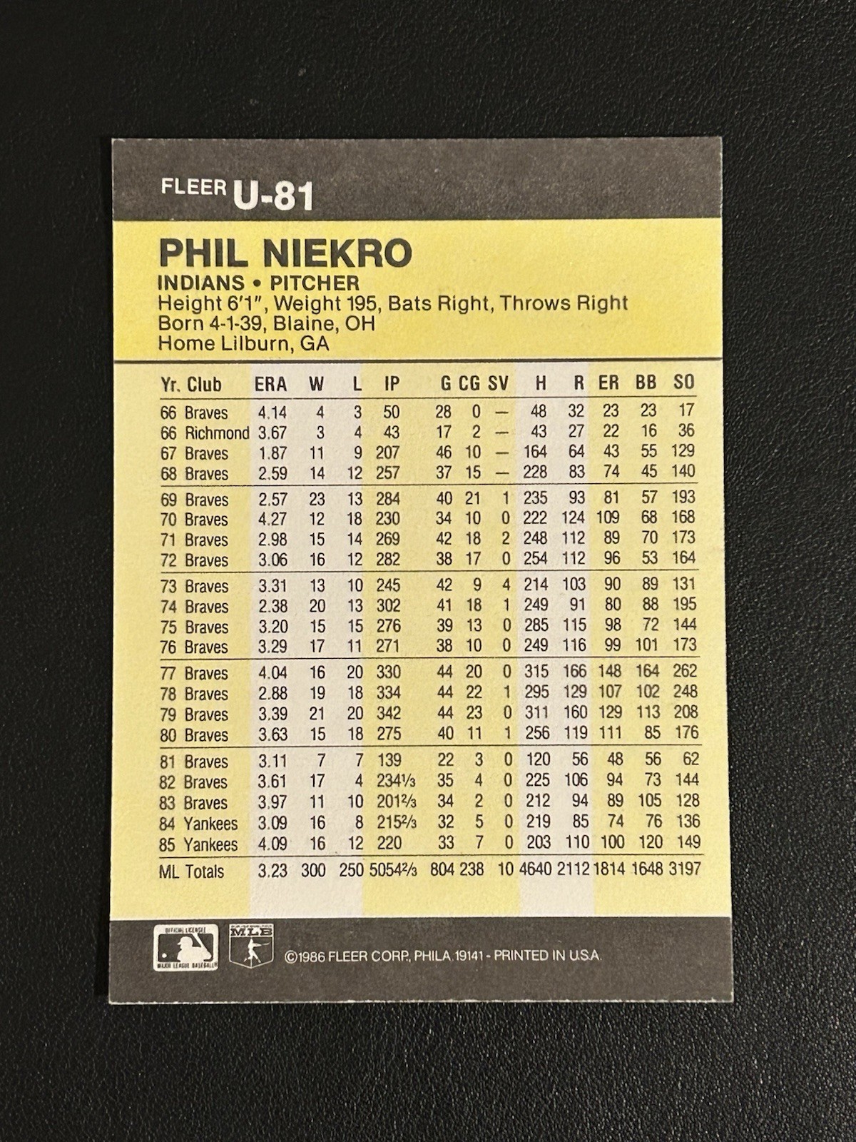 1986 Fleer Update – Phil Niekro #U-81