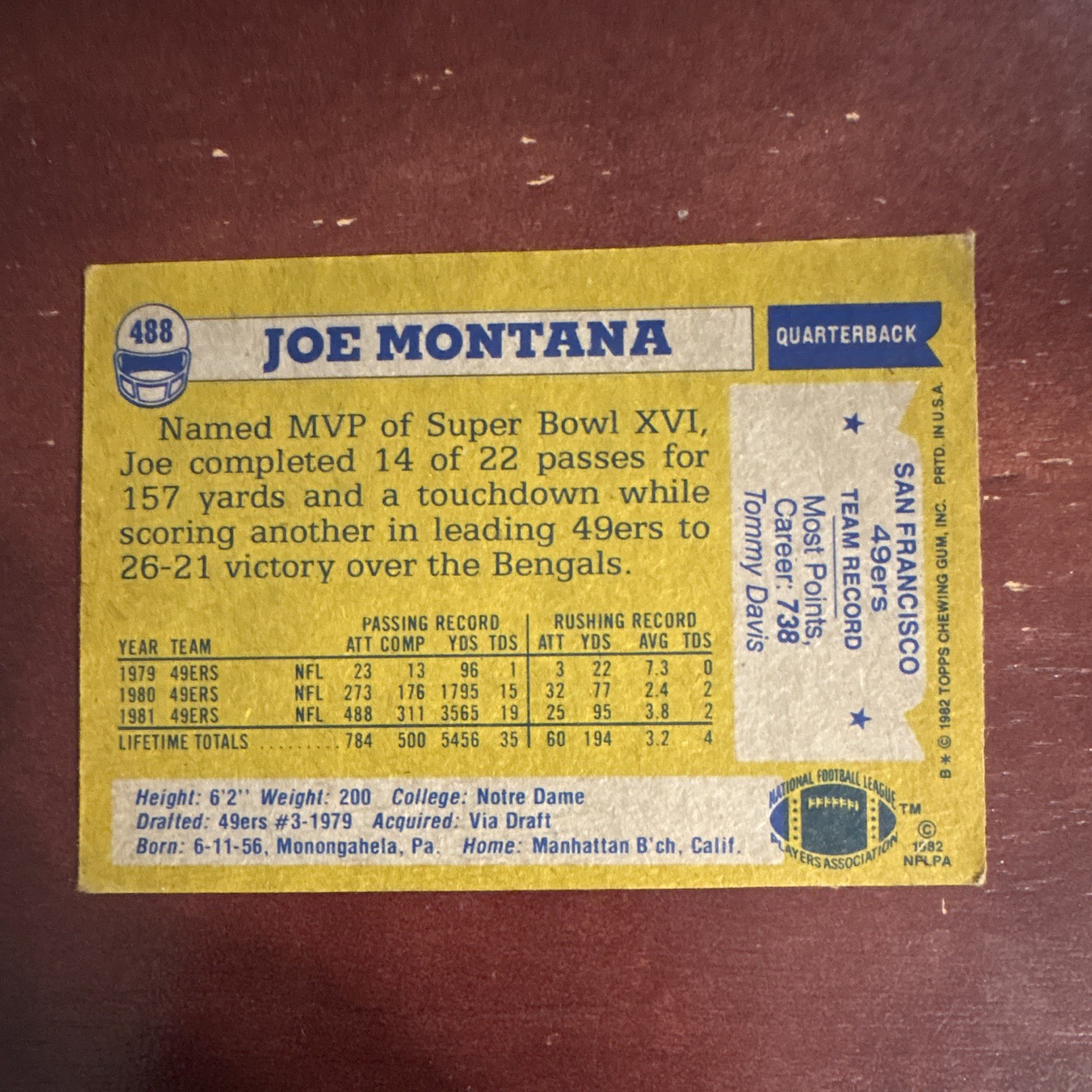 Topps 1982 Joe Montana NFC All Pro #488 San Francisco 49ers