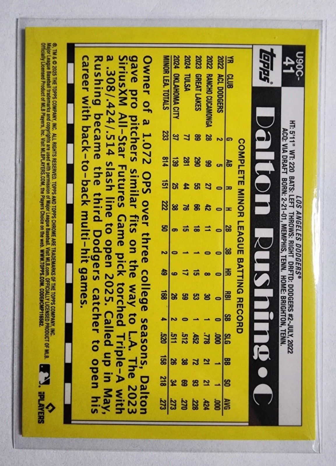 2025 Topps Update Dalton Rushing (RC) Silver Pack 1990 Mojo Refractor #U90C-41