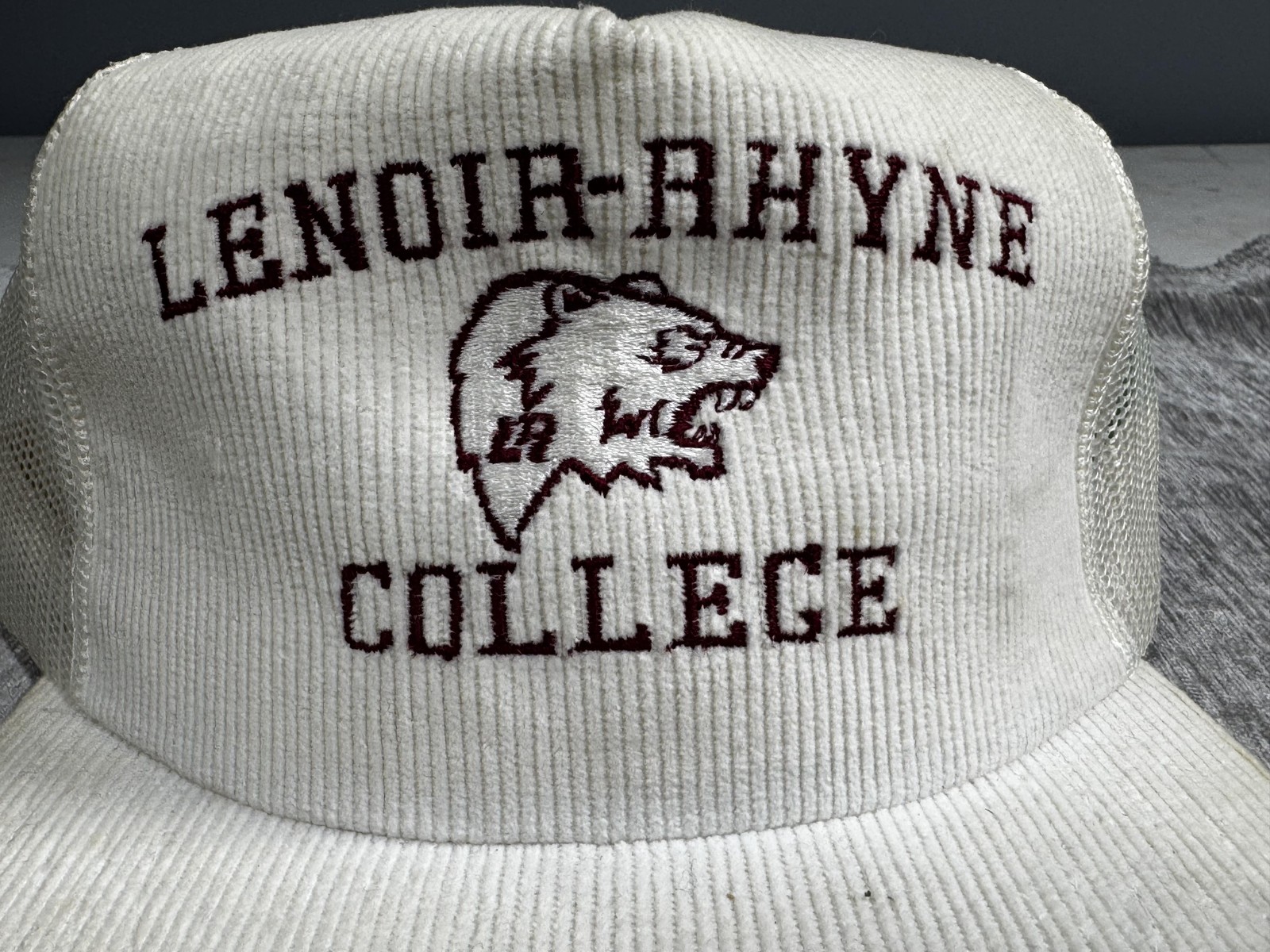 Vintage Lenoir-Rhyne Bears Hat Cap Snap Back Mens White Yupoong NCAA Cordudroy