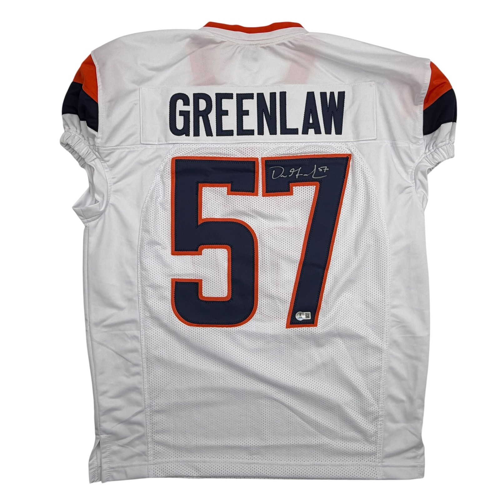 Autographed/Signed Dre Greenlaw Denver White Pro Cut Football Jersey Beckett COA